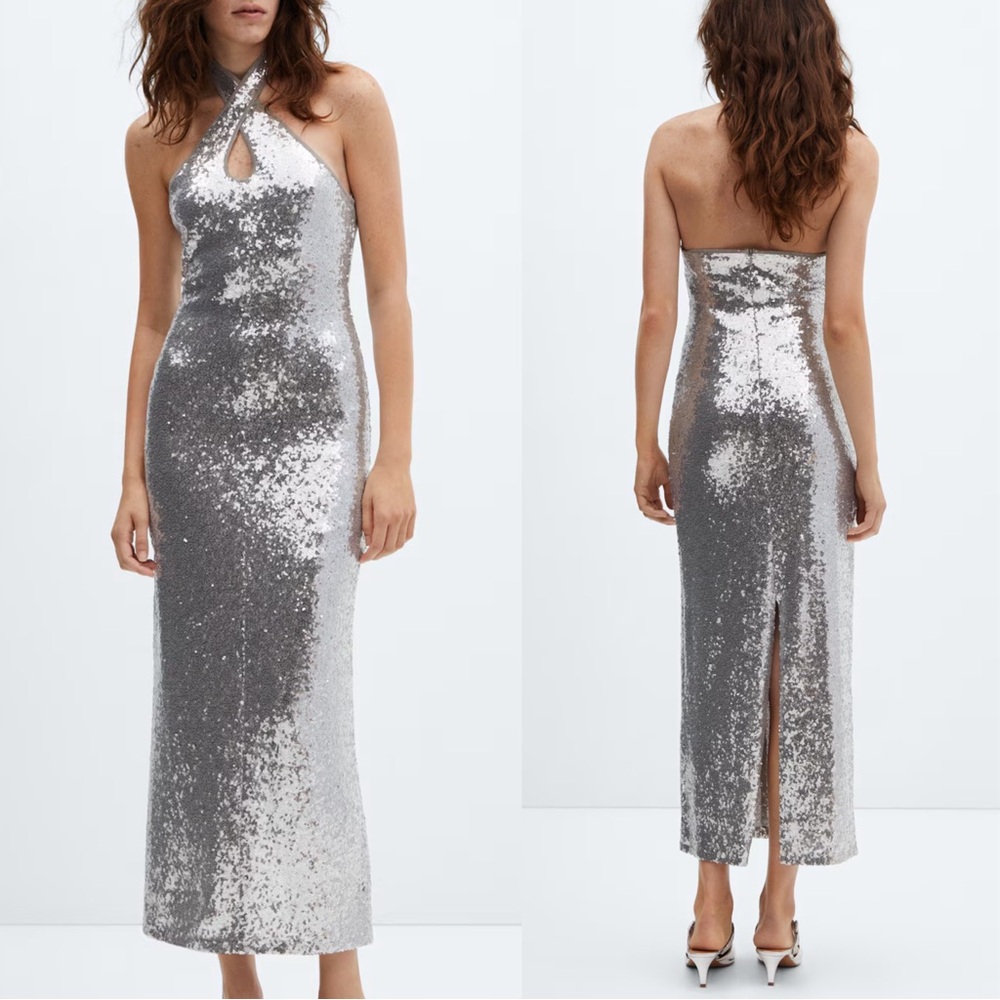 MANGO NWT Silver Sequin Metallic Halter Maxi Dress w/ Keyhole Neck & Back Slit